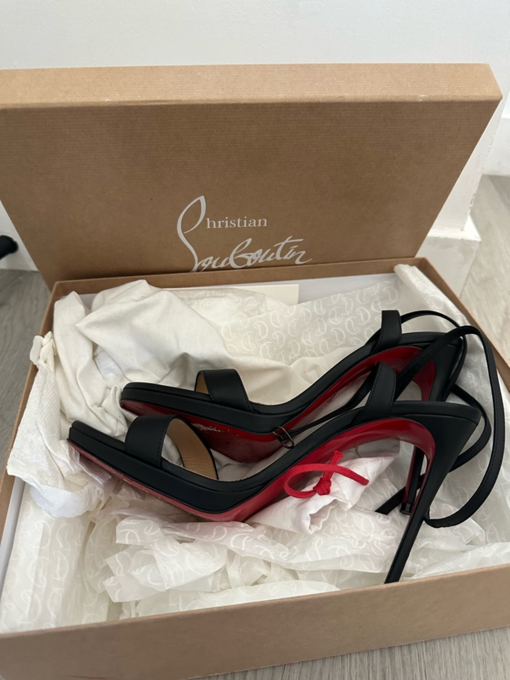 Christian Louboutin Black Leather Red Sole High Heel Sandals - Picture 2 of 6